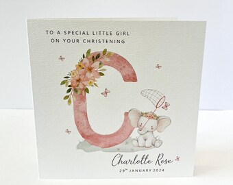Personalised Christening Card, Baptism Card, Granddaughter Daughter Niece Goddaughter, Naming Day, Dedication Day, Baby Elephant Butterflies