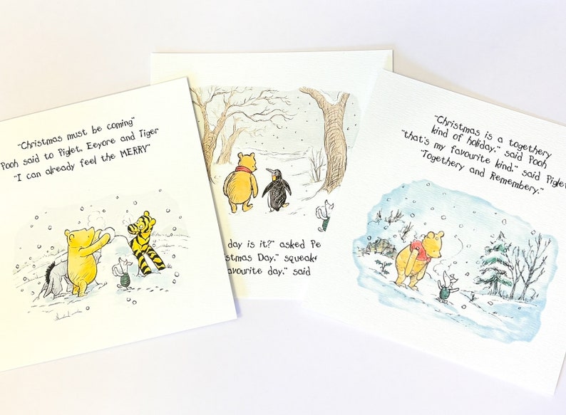 Winnie the Pooh cards by OrchardsCards, from the classic book are three cards with scenes of the characters in the winter woods.