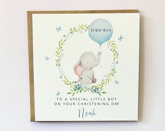 Personalised Christening Card, Baptism Card, Baby Naming Day Card, Dedication Day Card, Baby Elephant Theme, Boys Christening Card