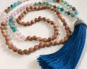 Harmony Love - Blue Agate, Rose Quartz, and Sandalwood Beads with Large Blue Tassel- Meditation Mala - regular 8mm beads