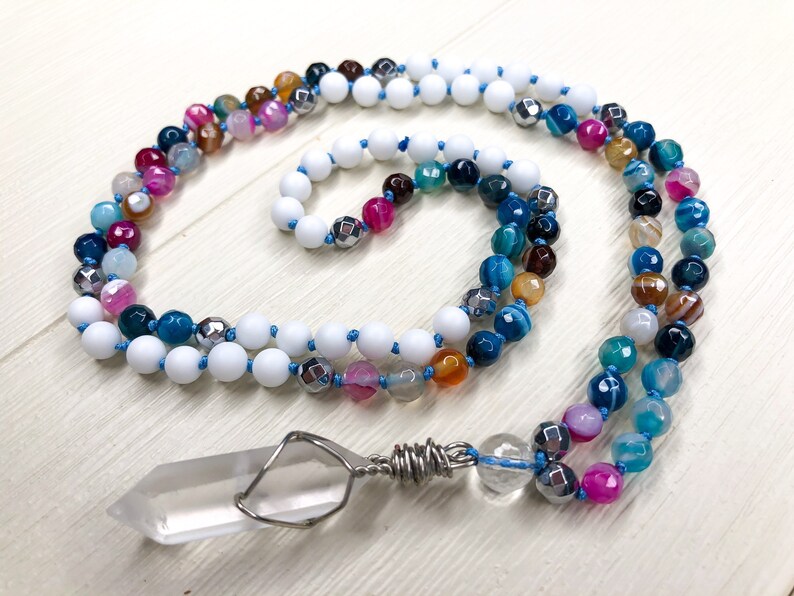 Faceted Hematite /& White Onyx Meditation Mala with Wire-Wrapped Quartz Pendant Faceted Agate small 6mm beads Balanced Strength