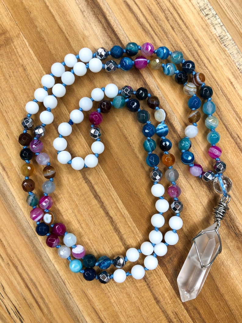 Faceted Hematite /& White Onyx Meditation Mala with Wire-Wrapped Quartz Pendant Faceted Agate small 6mm beads Balanced Strength