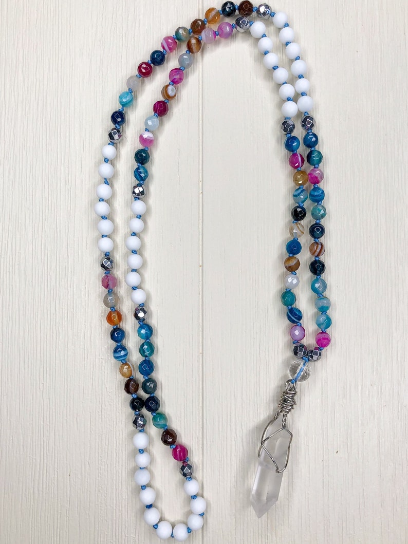 Faceted Hematite /& White Onyx Meditation Mala with Wire-Wrapped Quartz Pendant Faceted Agate small 6mm beads Balanced Strength