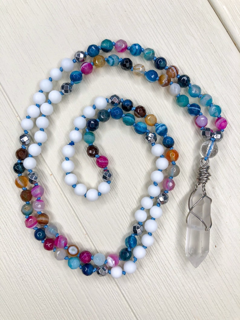 Faceted Hematite /& White Onyx Meditation Mala with Wire-Wrapped Quartz Pendant Faceted Agate small 6mm beads Balanced Strength