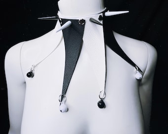 black and white jester collar with Bells adjustable faux leather adjustable strap