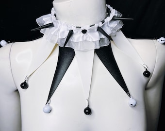 Black Leather Jester Choker: Spikes, Bells, White Ruffle - Clowncore MADE TO ORDER