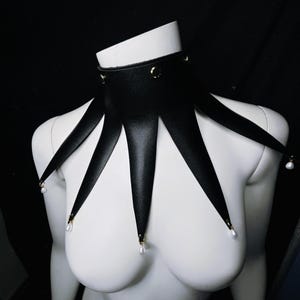 May include: A black leather choker with five points extending down, each ending with a pearl. The choker has gold accents.