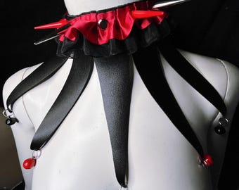 black and red jester collar with ruffles and bells