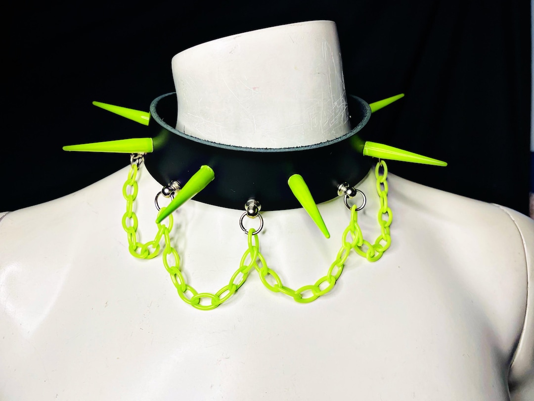 Bright Green Spiked Leather Choker With Chains - Etsy