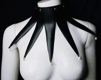 black leather jester collar with gold accents and faux pearls clown core