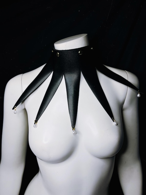 black leather jester collar with gold accents and faux pearls clown core