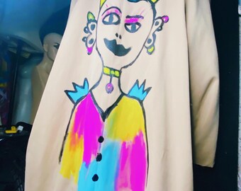 Coat tan women’s coat hand painted bright design