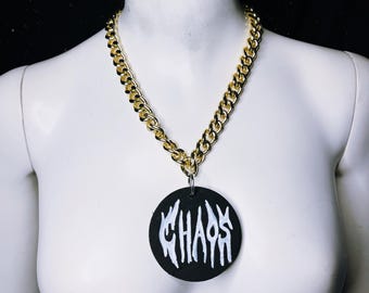 chaos gold chain necklace wooden pendant