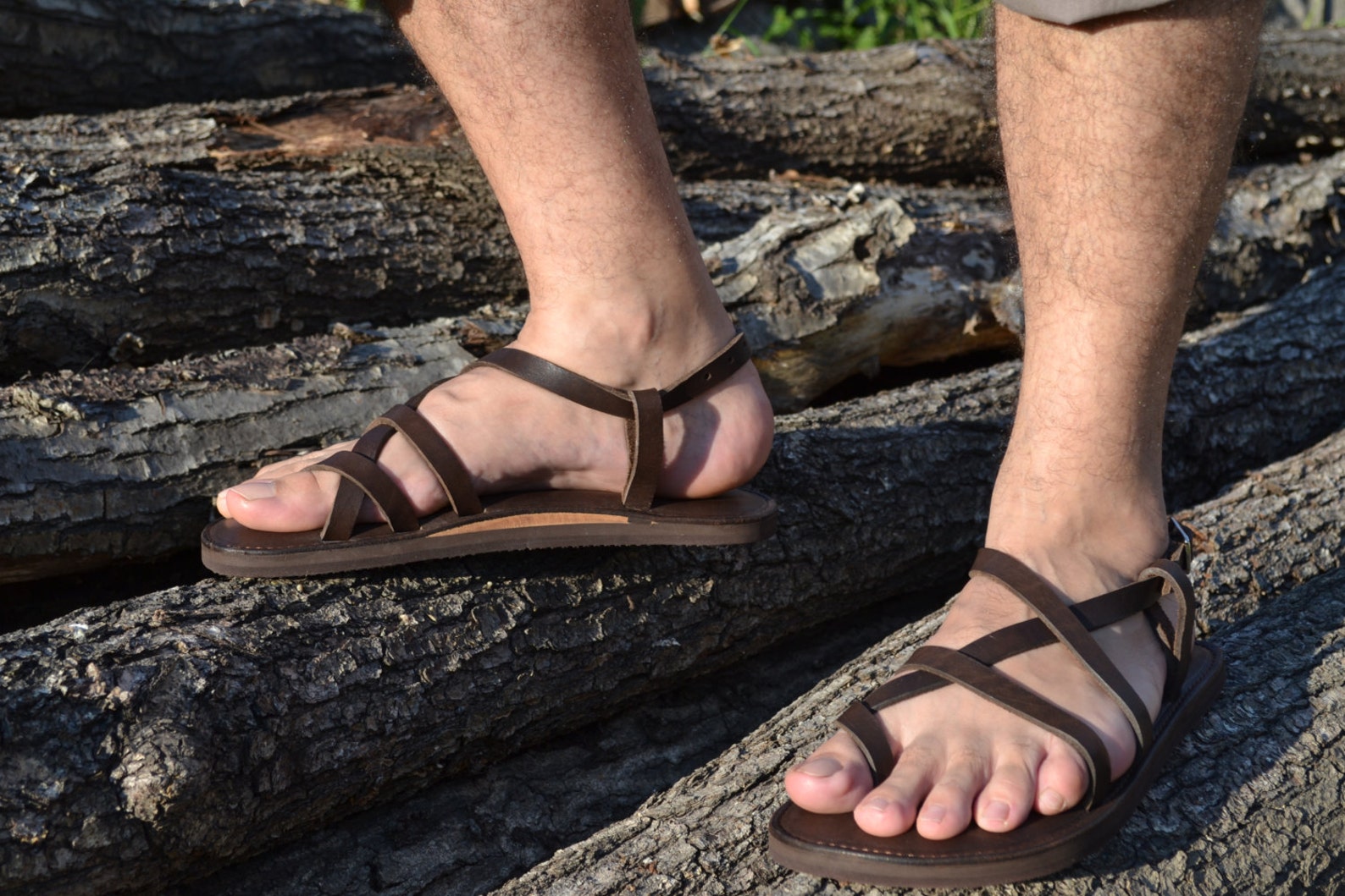 Brown leather sandals men sandals flat sandals strap | Etsy