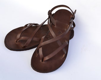 Sandales en cuir pour femmes, sandales marron, sandales aux pieds nus, femmes, sandales plates, sandales à lanières, sandales réglables, sandales confort