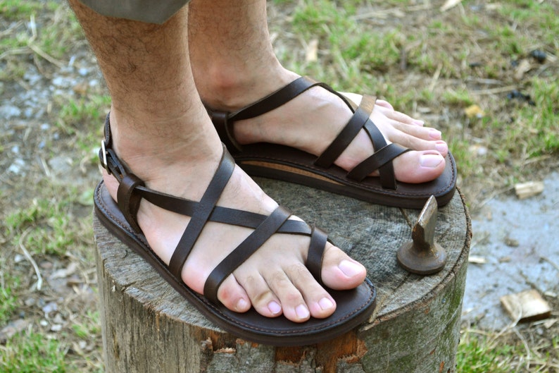 Brown leather sandals men sandals flat sandals strap | Etsy