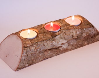 Candelabro de tronco rústico, portavelas de té, centro de mesa para boda en el bosque, decoración rústica para boda, decoración del hogar, boda campestre, decoración navideña