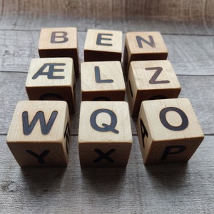 Danish and Norwegian alphabet wooden blocks, blocks with letter, ABC blocks learning,