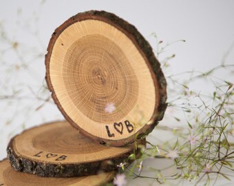 10 personalized oak wood  coasters 3" for rustic weddings , wood discs for home decors, rustic wedding centerpiece, drink coasters