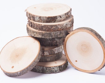 SALE 10 sortierte Holzscheiben mit Loch, rustikale Holzscheiben für Hochzeiten, Gastlieben, Bastelarbeiten & mehr - 10 Stück Rohholzscheiben