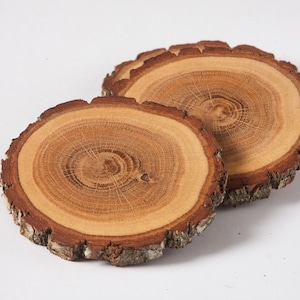 Può includere: Due fette di legno naturale con bordi di corteccia, che mostrano la venatura del legno. Le fette sono impilate l'una sull'altra.