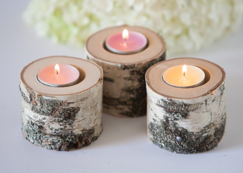 5 Birch Candle Holders Log Tea Light Holder Woodland Wedding Etsy