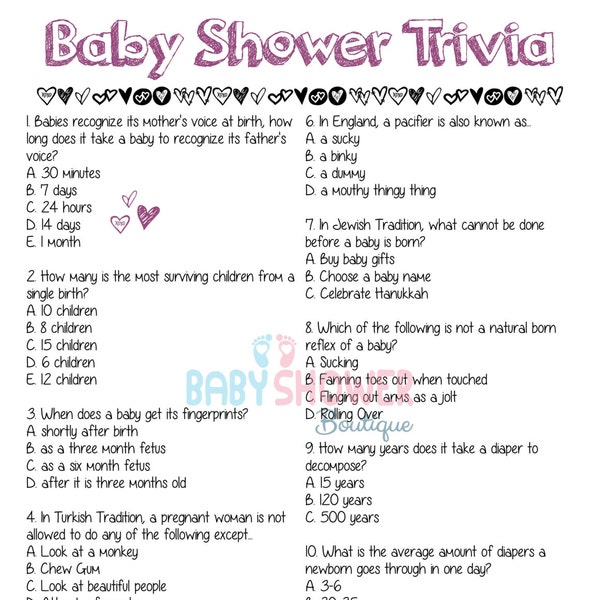 Baby Shower Trivia Baby Shower Game PURPLE - Fun, Detailed, and Cute!