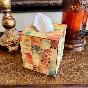 Handmade Wooden Tissue Box Cover With Florals and Abstract Patterns