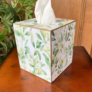 Watercolor Green leaves and white flowers wooden tissue box cover/holder