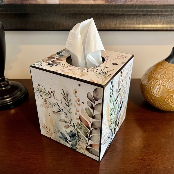 Watercolor Botanical leaves Wooden Tissue box cover/holder