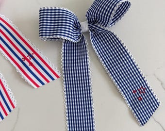 Americana  Moon stitched Embroidered Hair Bow, 4th of July hair bow, patriotic hair bow, monogram hair bow, ribbon hair bow, embroidered bow