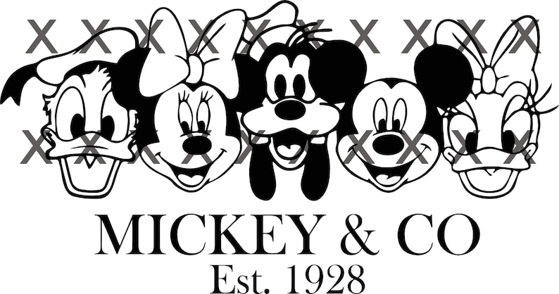 May include: Black and white illustration of Mickey Mouse, Minnie Mouse, Donald Duck, and Daisy Duck. The characters are smiling and have large eyes. The text below the characters reads "Mickey & Co. Est. 1928".