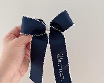 Navy Moon stitched Embroidered Hair Bow, monogram hair bow, ribbon hair bow, cute hair bow, embroidered bow
