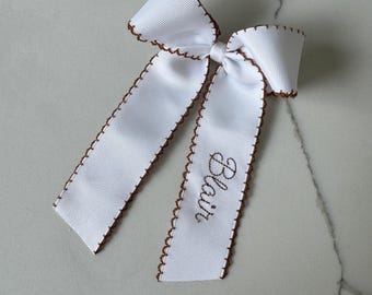 Brown Moon Stitched Embroidered Hair Bow, monogram hair bow, ribbon hair bow, cute hair bow, embroidered bow, custom embroidered bow