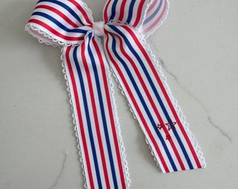 Americana  Moon stitched Embroidered Hair Bow, 4th of July hair bow, patriotic hair bow, monogram hair bow, ribbon hair bow, embroidered bow