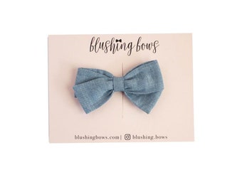 Chambray Hand Tied Fabric Bows, Baby Girl, Toddler, Girls Fabric Bow Headband or Hair Clip