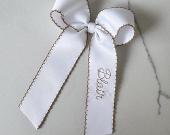 Tan Moon Stitched Embroidered Hair Bow, monogram hair bow, ribbon hair bow, cute hair bow, embroidered bow, custom embroidered bow