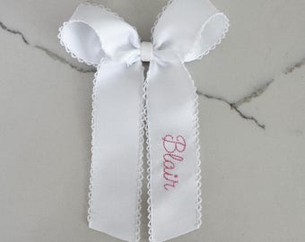 White Embroidered Hair Bow, monogrammed hair bow, custom hair bow, monogram hair bow, ribbon hair bow, embroidered bow