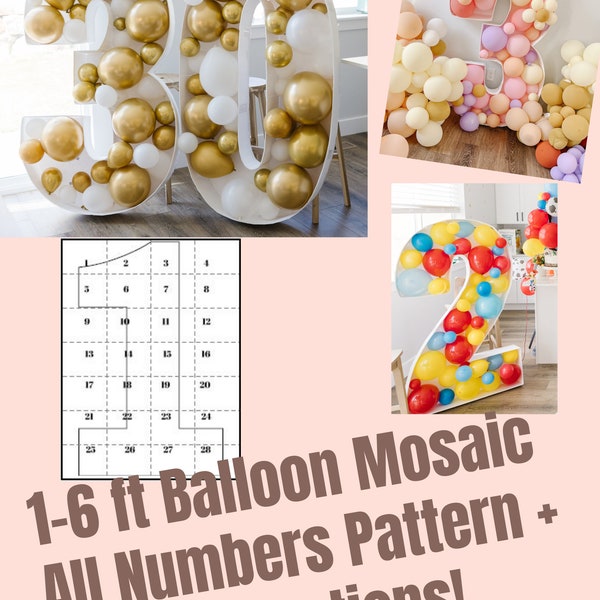 1 Fuß bis 6 Fuß großes Mosaik mit allen Zahlen von 0 bis 9 aus Luftballons im PDF-Format mit Bonus-6-Fuß-Zahlen, Ballon-Zahlenmuster und Riesenballon-Zahlenmuster