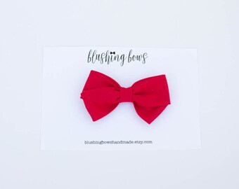 Red Fabric Bow, Hand Tied Fabric Bows, Baby Girl, Toddler, Girls Fabric Bow Headband or Hair Clip