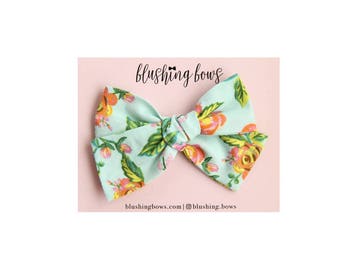 Mint Peony Rifle Paper Co, Hand Tied Fabric Bows, Baby Girl, Toddler, Girls Fabric Bow Headband or Hair Clip