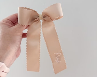 Camel Scalloped Embroidered Hair Bow, monogram hair bow, ribbon hair bow, cute hair bow, embroidered bow