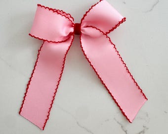 Pink with Red Moon stitched Embroidered Hair Bow, monogram hair bow, ribbon hair bow, cute hair bow, embroidered bow