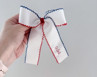 USA Moon stitched Embroidered Hair Bow, 4th of July bow, memorial day, monogram hair bow, ribbon hair bow, cute hair bow, embroidered bow