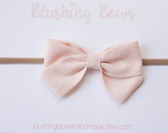Blush Pink Fabric Bow, Hand Tied Fabric Bows, Baby Girl, Toddler, Girls Fabric Bow Headband or Hair Clip