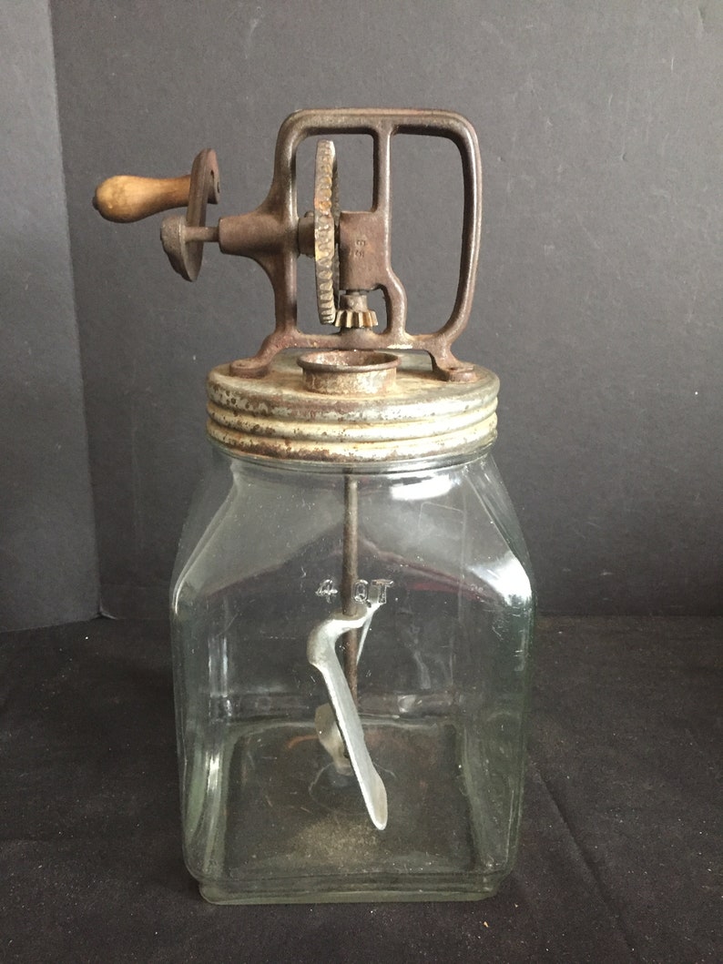 Antique Vintage Glass Jar Butter Churn With Screened Pour Spout in Lid