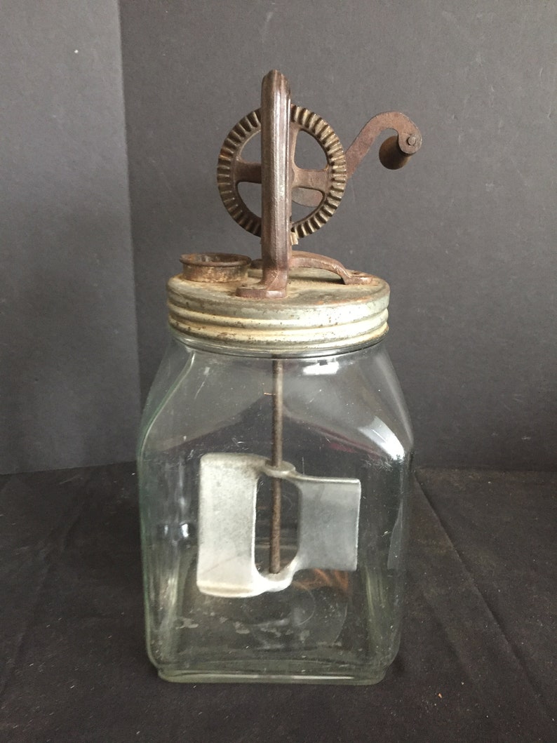 Antique Vintage Glass Jar Butter Churn With Screened Pour Spout in Lid