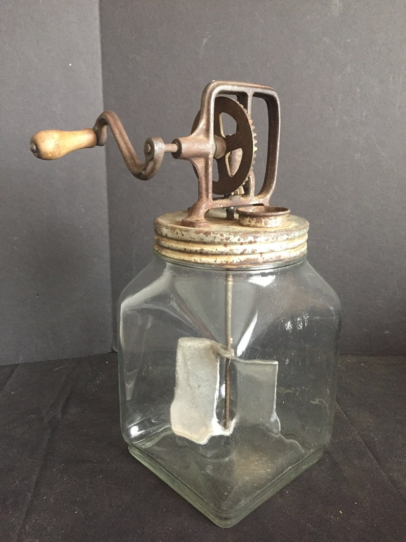 Antique Vintage Glass Jar Butter Churn With Screened Pour Spout in Lid