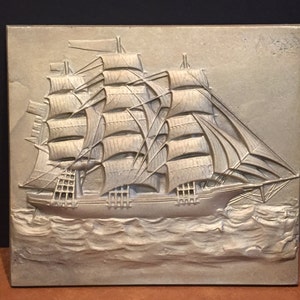 Vintage Metal Relief Nautical Sailing Ship Barque Schooner