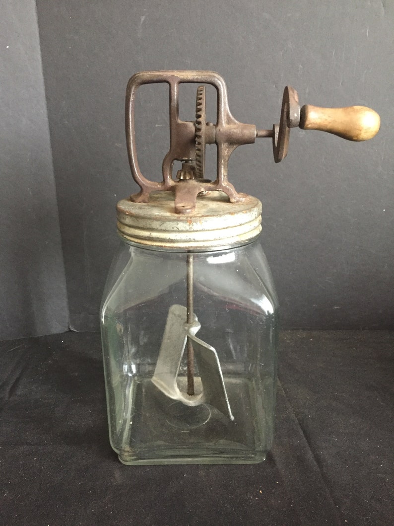 Antique Vintage Glass Jar Butter Churn With Screened Pour Spout in Lid